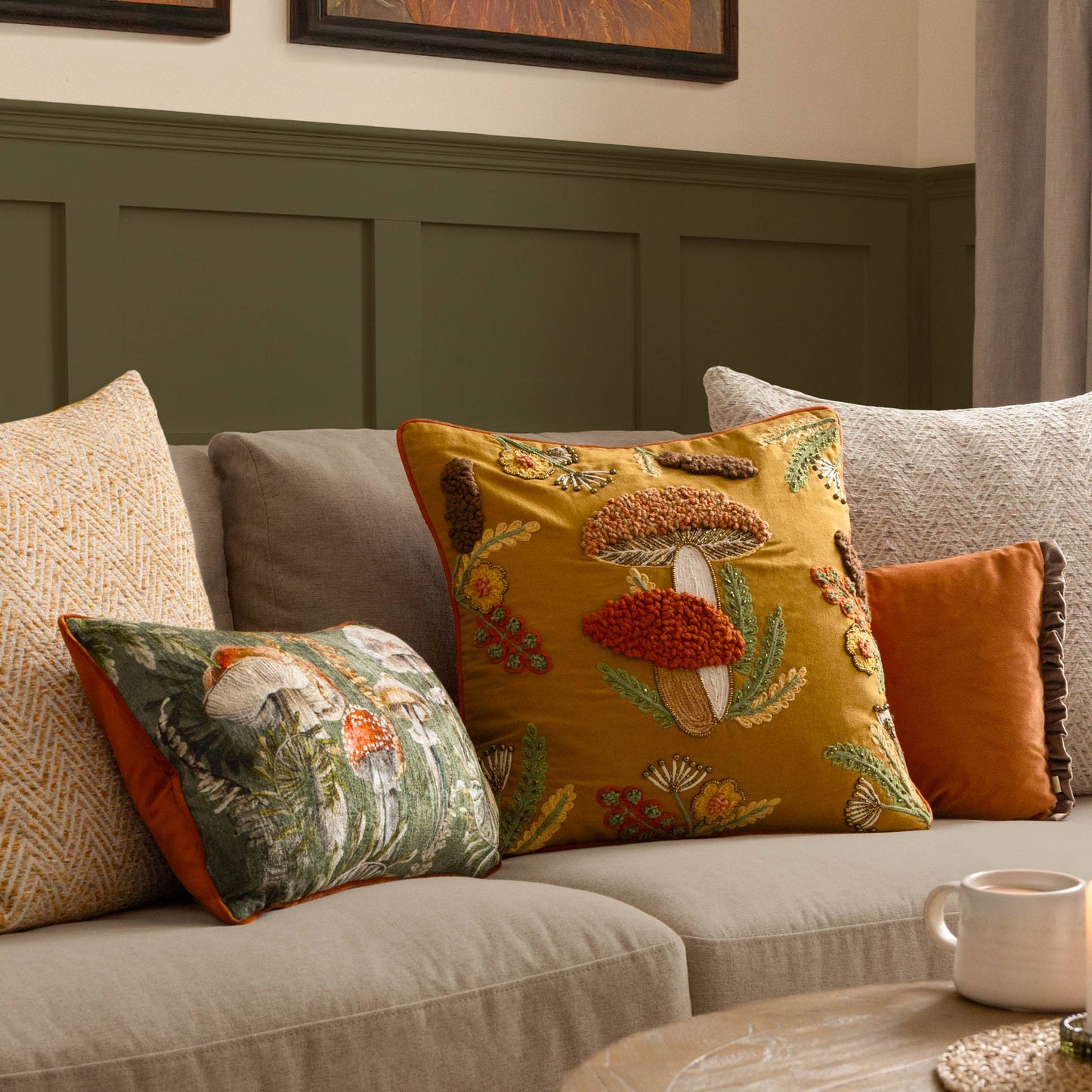 AvaMalis Decorative Throw Pillow with Embroidered Mushroom Design, Autumn Gold with Coral and Green Accents, Beaded Detail