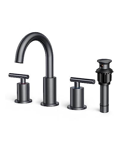 A|M Aquae Matte Black Bathroom Faucet 3 Hole, 8 Inch Widespread Bathroom Faucet Black with Metal Pop-up Drain Assembly, Two Handle Vanity Faucet with cUPC Supply Lines, 8" Black Bathroom Faucet