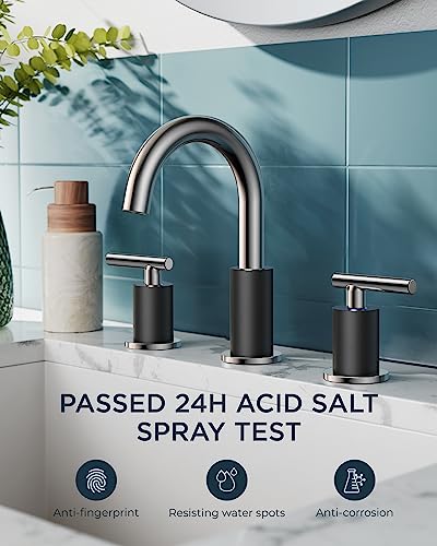 A|M Aquae Matte Black Bathroom Faucet 3 Hole, 8 Inch Widespread Bathroom Faucet Black with Metal Pop-up Drain Assembly, Two Handle Vanity Faucet with cUPC Supply Lines, 8" Black Bathroom Faucet