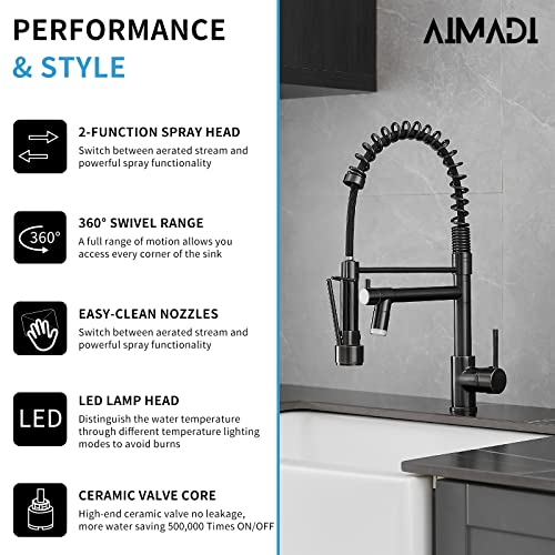 A|M Aquae Black Faucet Kitchen, Commercial Modern Single Handle Kitchen Faucet with Pull Down Sprayer