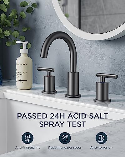 A|M Aquae Matte Black Bathroom Faucet 3 Hole, 8 Inch Widespread Bathroom Faucet Black with Metal Pop-up Drain Assembly, Two Handle Vanity Faucet with cUPC Supply Lines, 8" Black Bathroom Faucet
