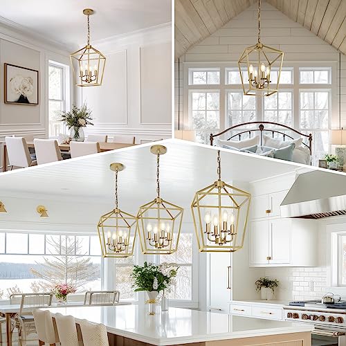 4 Light Rustic Chandelier, Farmhouse Lantern Fixture with Brushed White Oak Cage and Adjustable Chain, E12 Base Geometric Hanging Light Fixture Ceiling lighting for Entryway, Kitchen Island Indoor Use