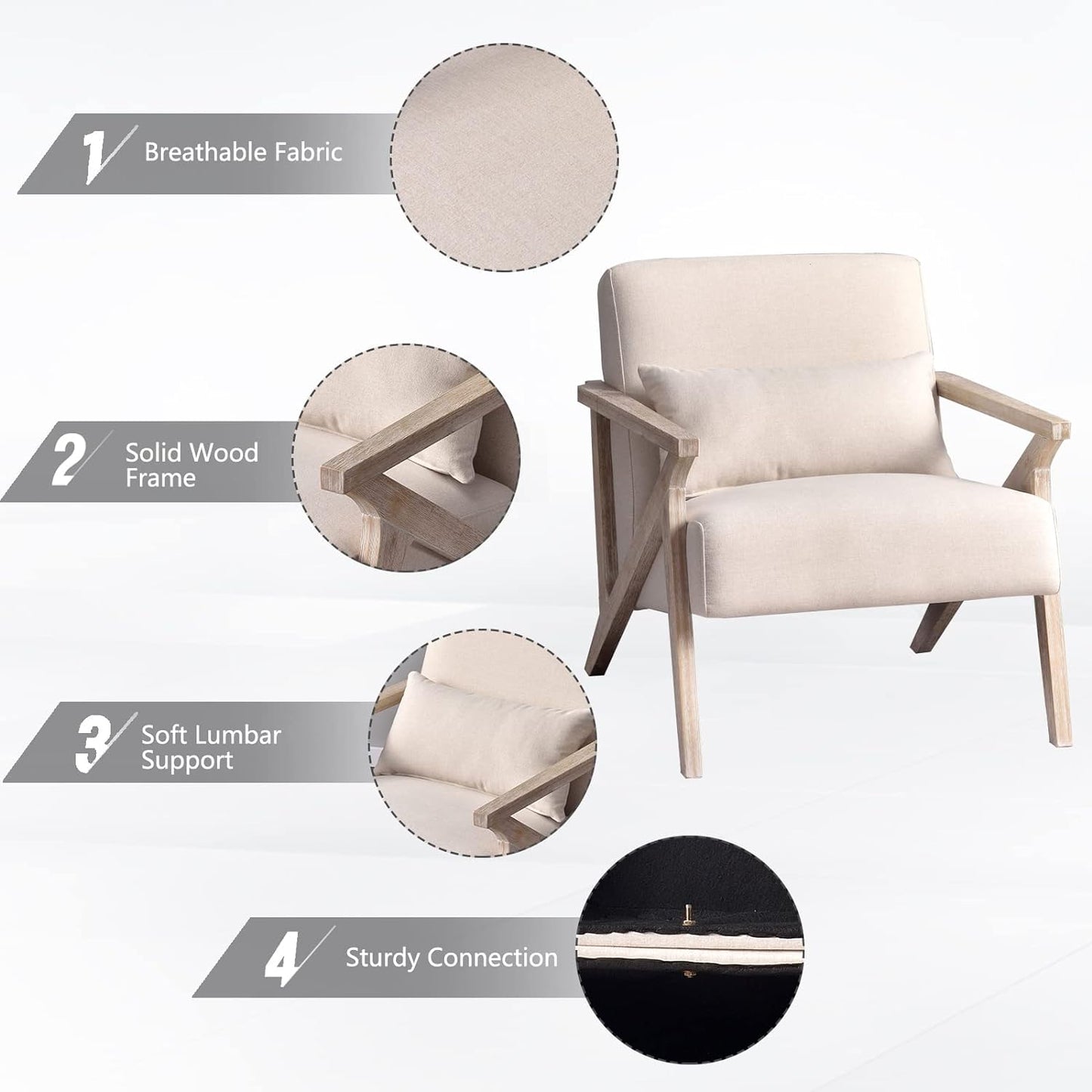 AvaMalis Mid Century Modern Wood Frame, Upholstered Armchair with Waist Cushion