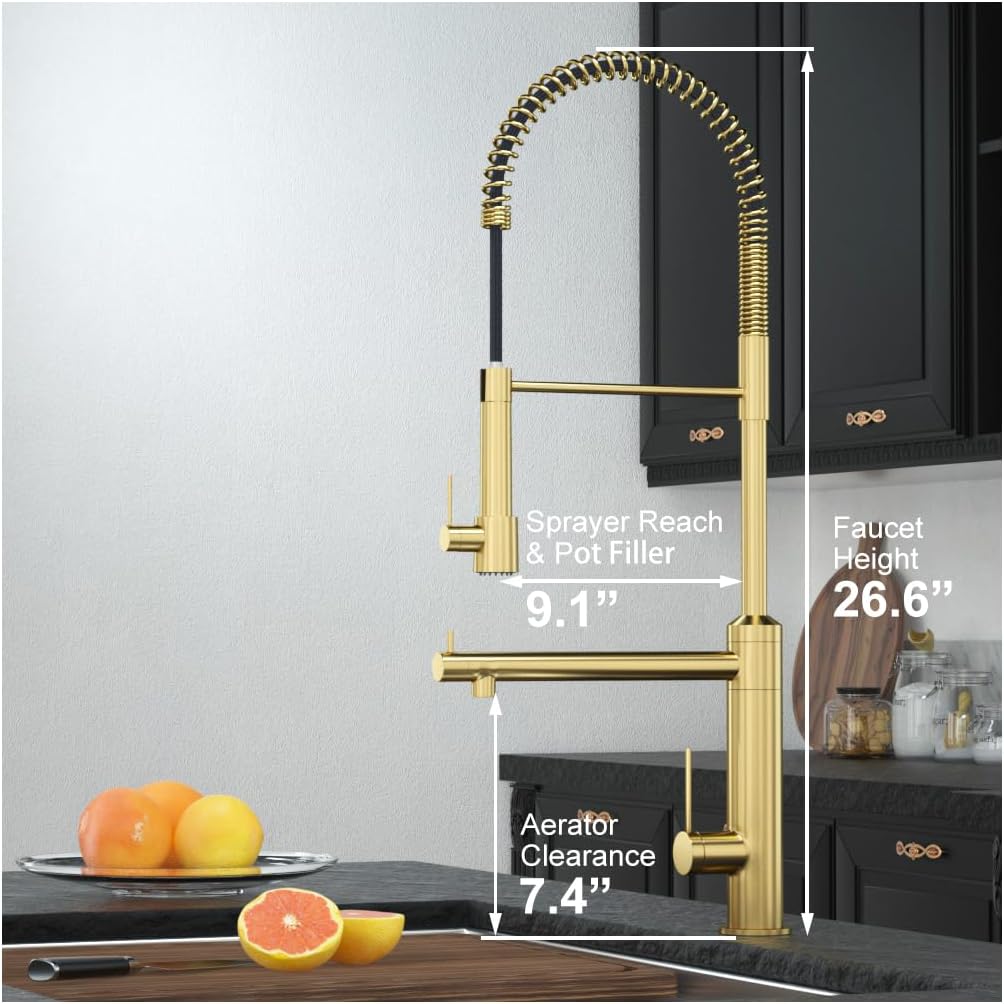 A|M Aquae Brushed Gold Commercial style Kitchen Faucet with Pull Down Sprayer,2-Function High Arch Single Handle Kitchen Faucets