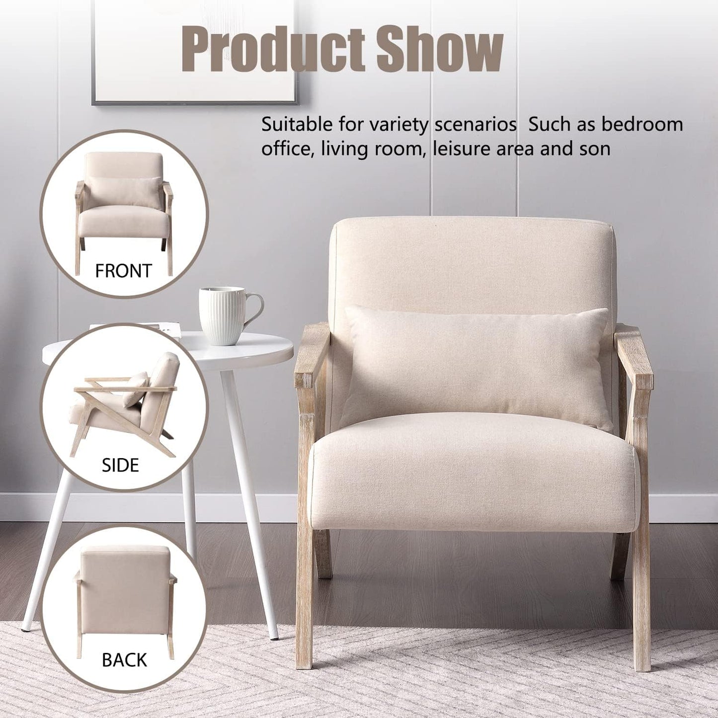 AvaMalis Mid Century Modern Wood Frame, Upholstered Armchair with Waist Cushion
