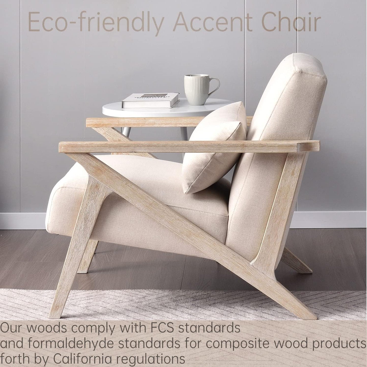 AvaMalis Mid Century Modern Wood Frame, Upholstered Armchair with Waist Cushion
