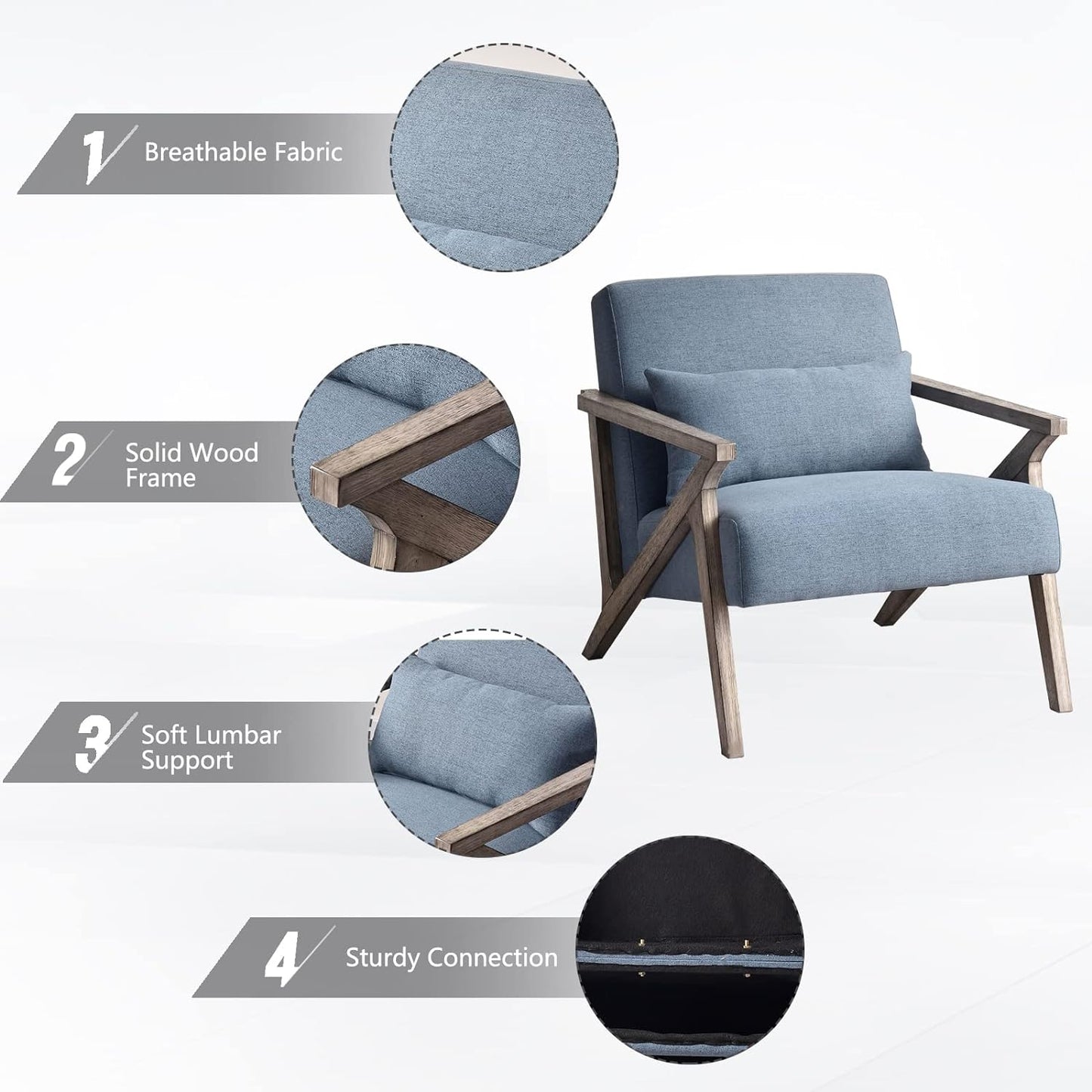 AvaMalis Mid Century Modern Chair with Wood Frame Upholstered Armchair with Waist Cushion, Accent Chair, Blue
