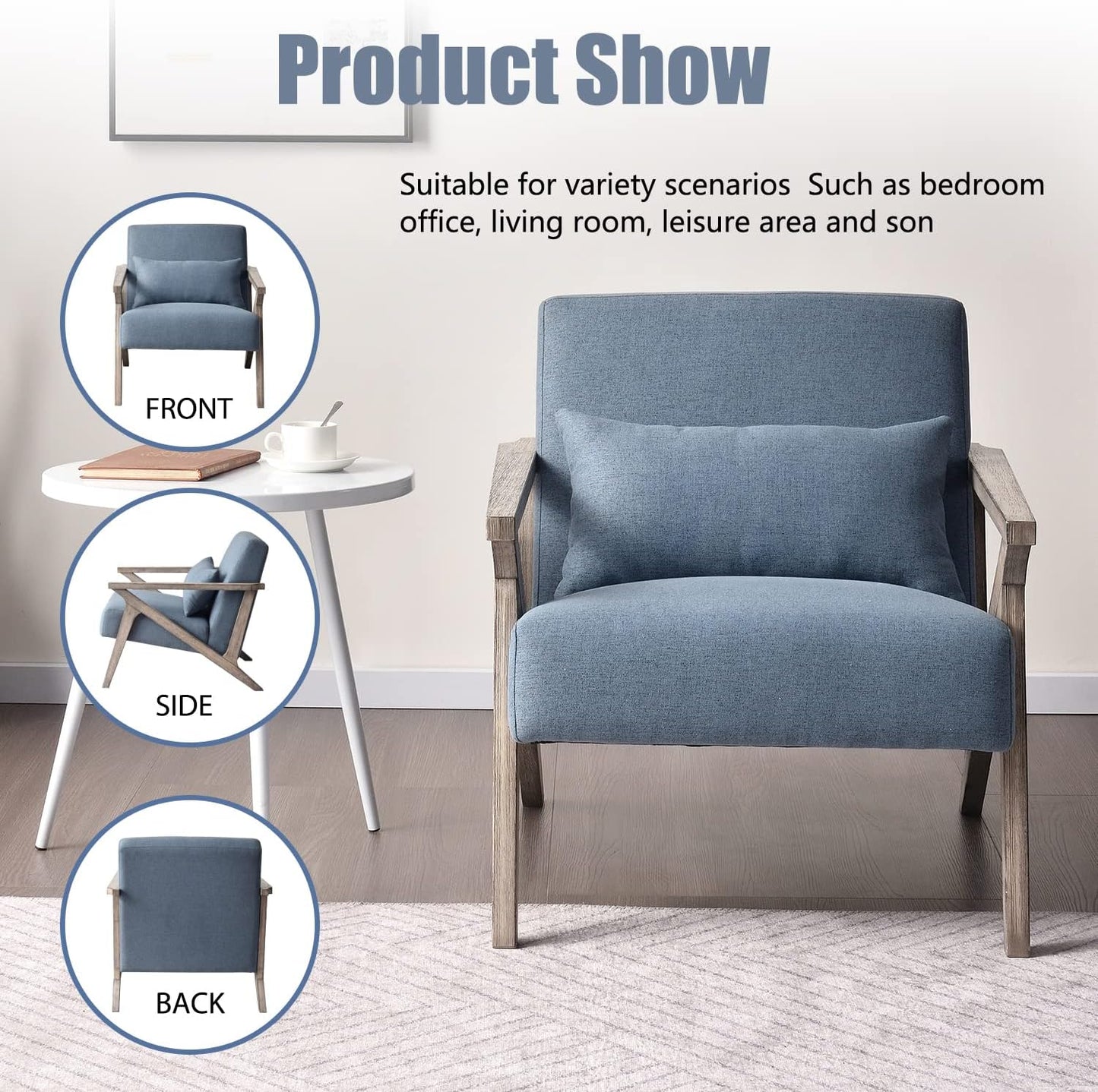 AvaMalis Mid Century Modern Chair with Wood Frame Upholstered Armchair with Waist Cushion, Accent Chair, Blue