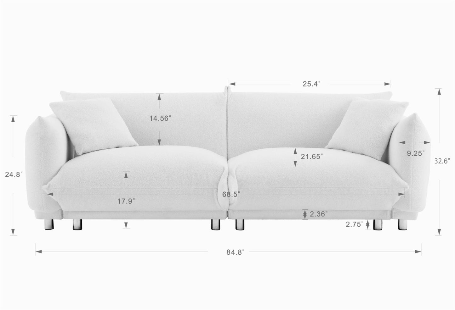 A lovable, fat, bread-like sofa with 2 pillows and metal feet with anti-skid pads