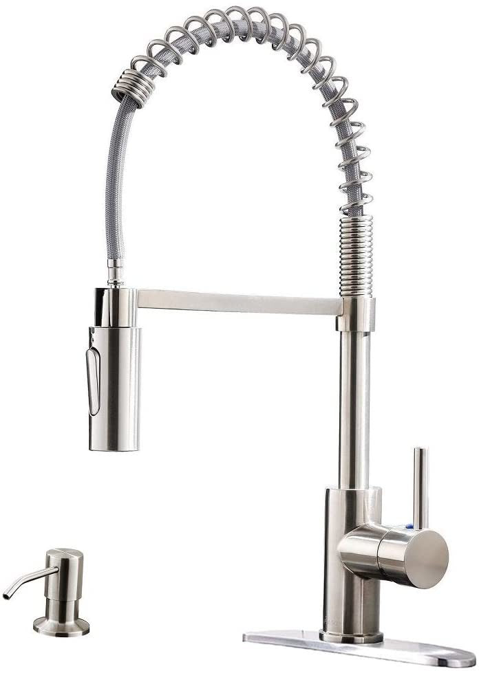Commercial Kitchen Faucet Pull Down Sprayer with Soap Dispenser - Stainless Steel High Arc Tall Modern Single Handle Spring Kitchen Sink Faucet with Pull Out Spray