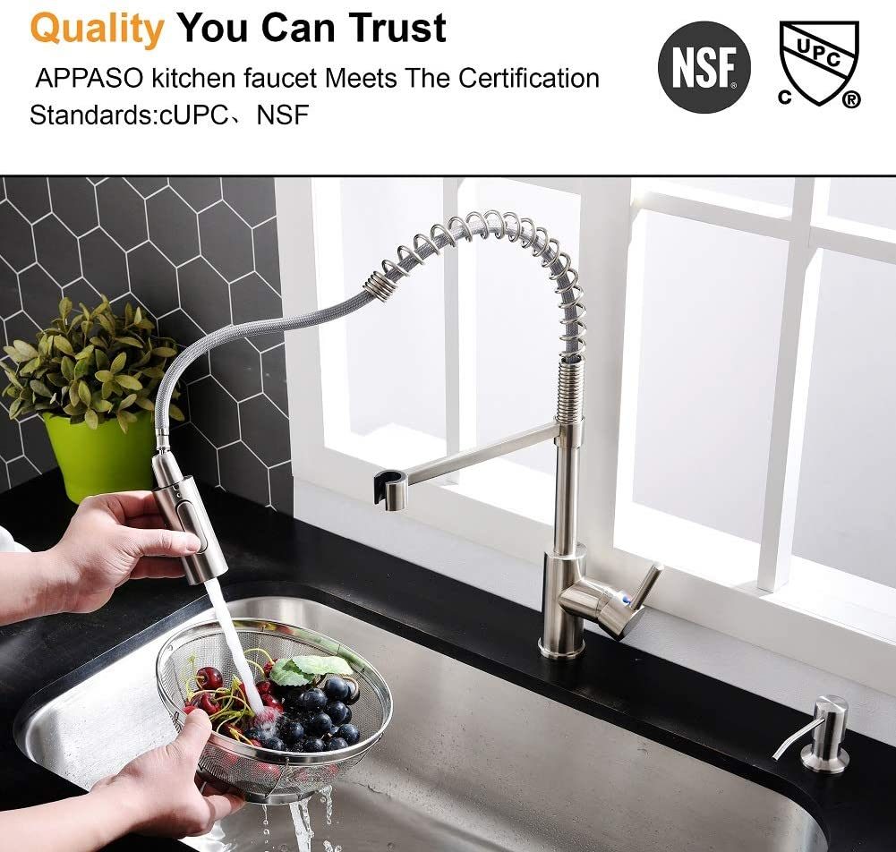 Commercial Kitchen Faucet Pull Down Sprayer with Soap Dispenser - Stainless Steel High Arc Tall Modern Single Handle Spring Kitchen Sink Faucet with Pull Out Spray
