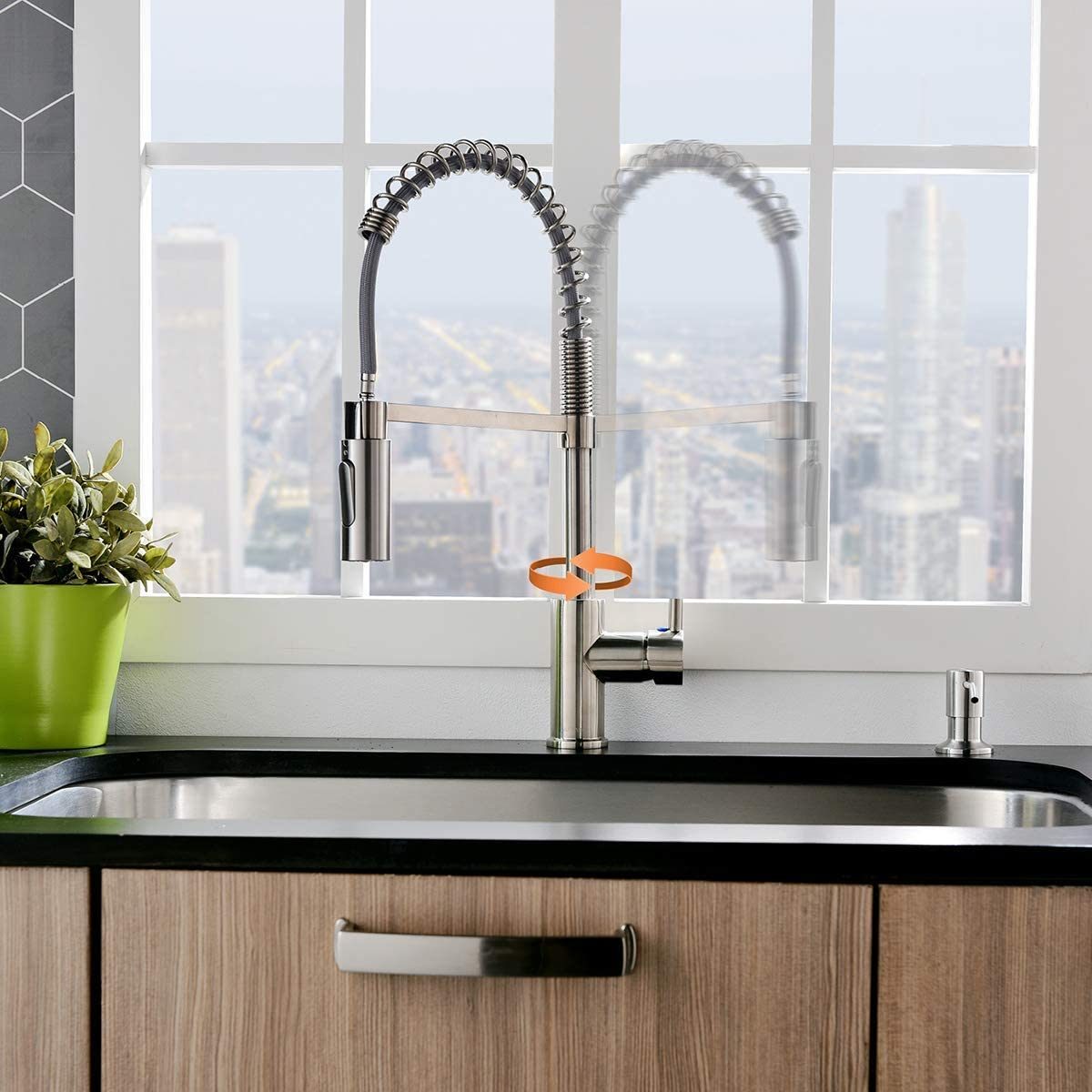 Commercial Kitchen Faucet Pull Down Sprayer with Soap Dispenser - Stainless Steel High Arc Tall Modern Single Handle Spring Kitchen Sink Faucet with Pull Out Spray