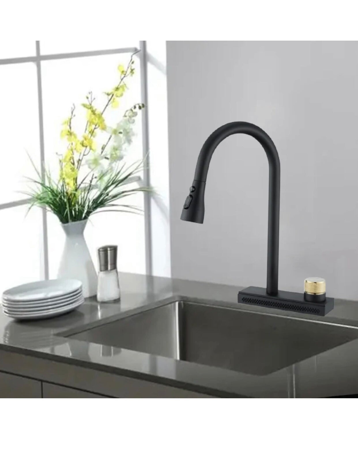 A|M Aquae 304 Stainless Steel Pull-Out Flying Rain Waterfall Single Hole Faucet Outlet (Black)