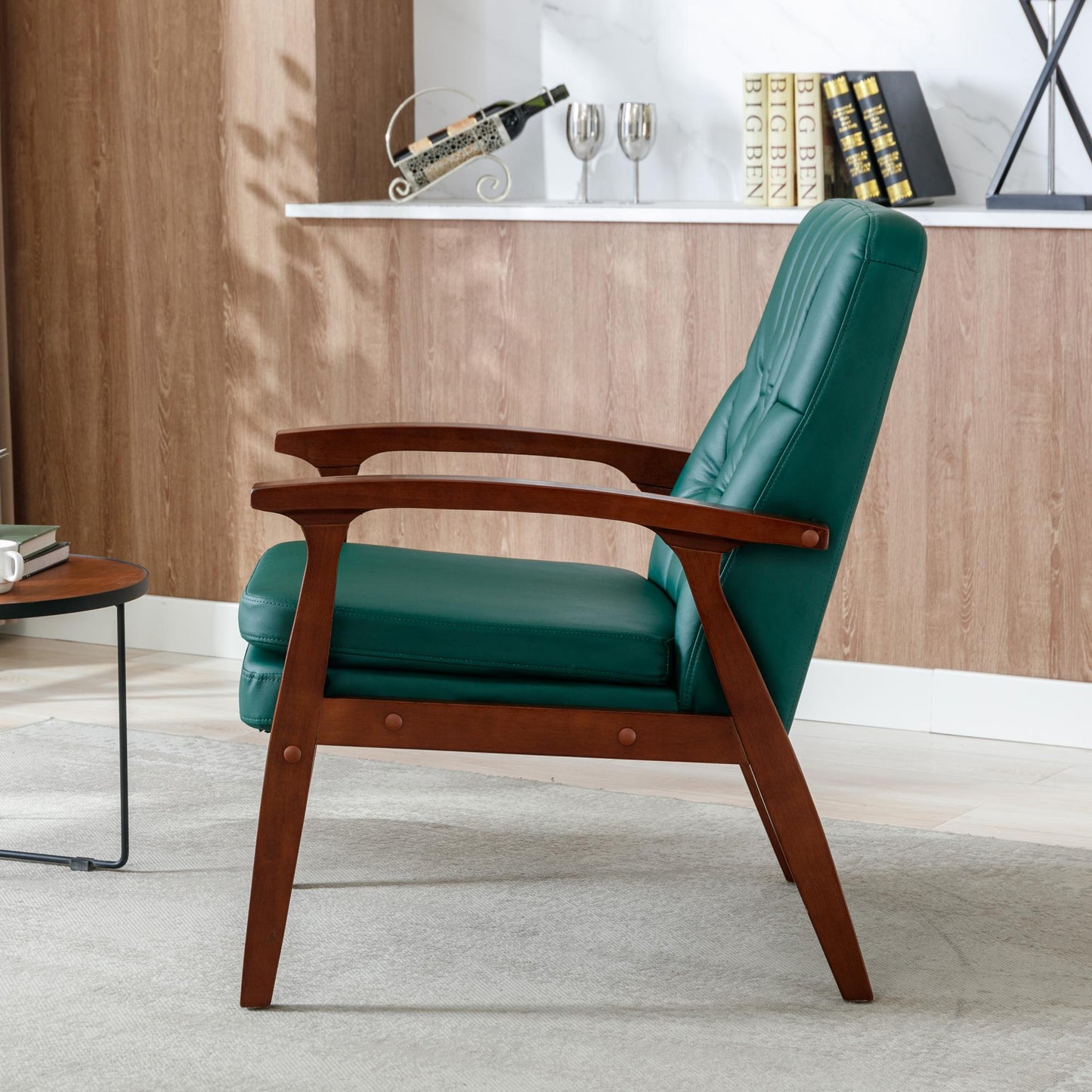 Mid Century Single Armchair Sofa Accent Chair Retro Modern Solid Wood Armrest Accent Chair, Fabric Upholstered Wooden Lounge Chair