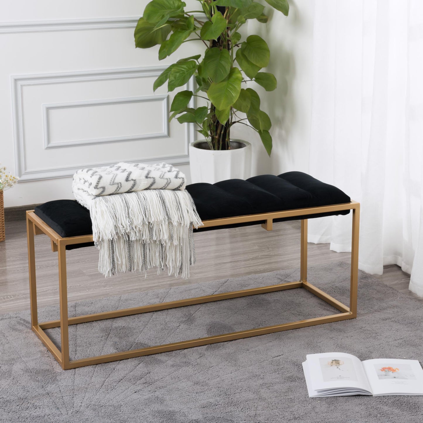 Rectangular Velvet Ottoman with Metal Base, Black and Golden