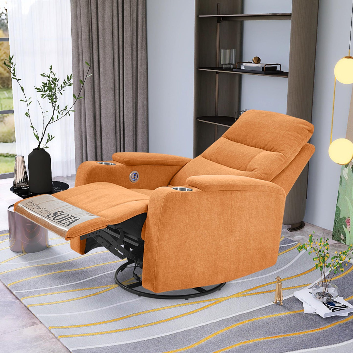Swivel Rocking Recliner Sofa Chair With USB Charge Port & Cup Holder For Living Room, Bedroom,light orange