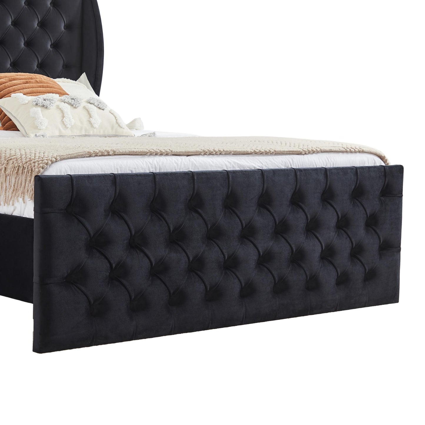 Upholstered wingback velvet fabric Chesterfield bed/button tufted headboard with vintage wings/wood slat support/easy to assemble。Queen-Size