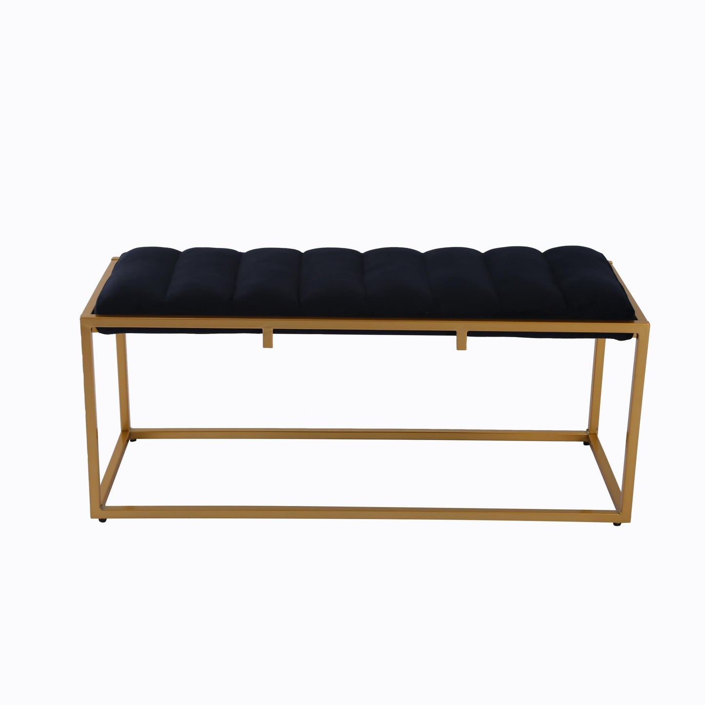 Rectangular Velvet Ottoman with Metal Base, Black and Golden