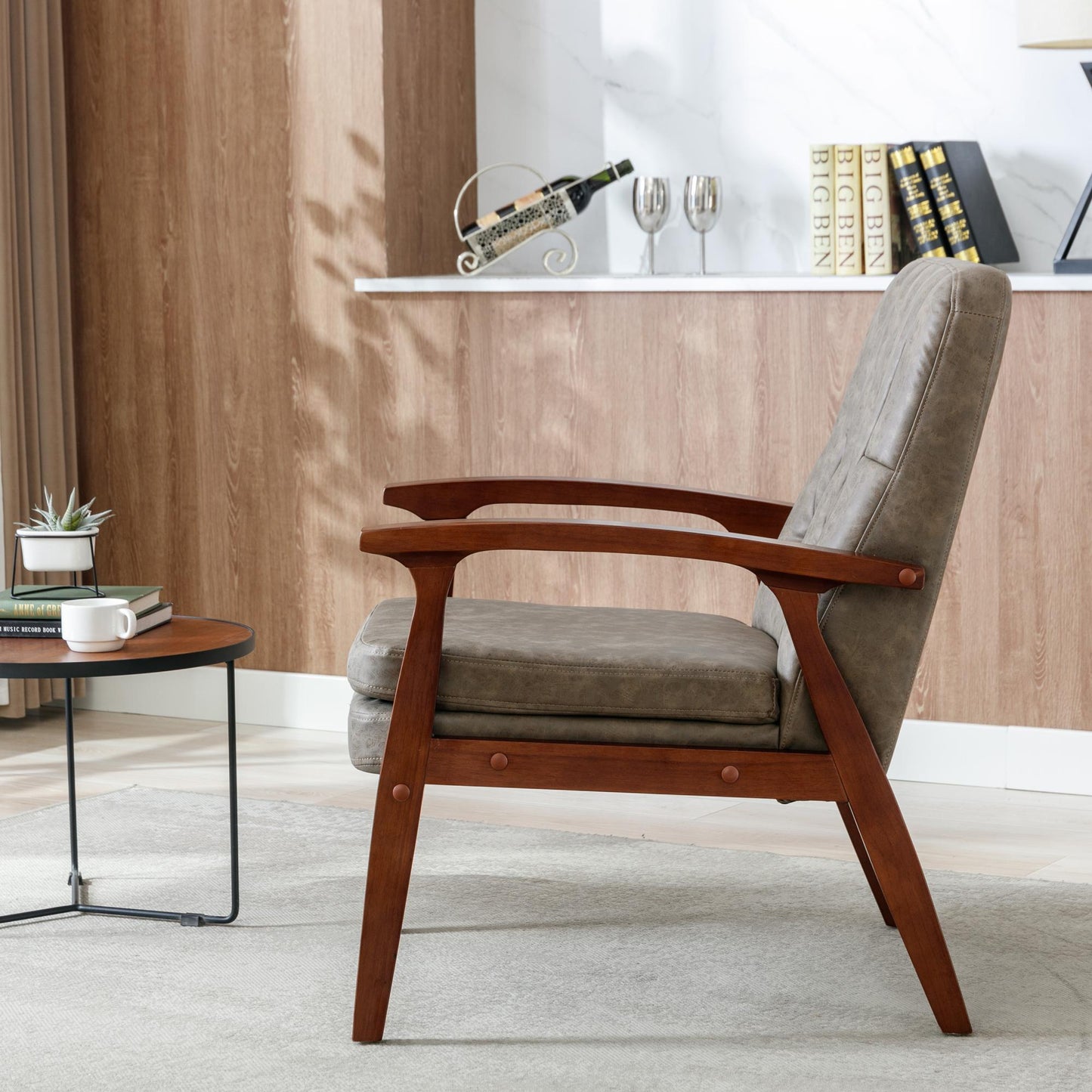 Mid Century Single Armchair Sofa Accent Chair Retro Modern Solid Wood Armrest Accent Chair, Fabric Upholstered Wooden Lounge Chair