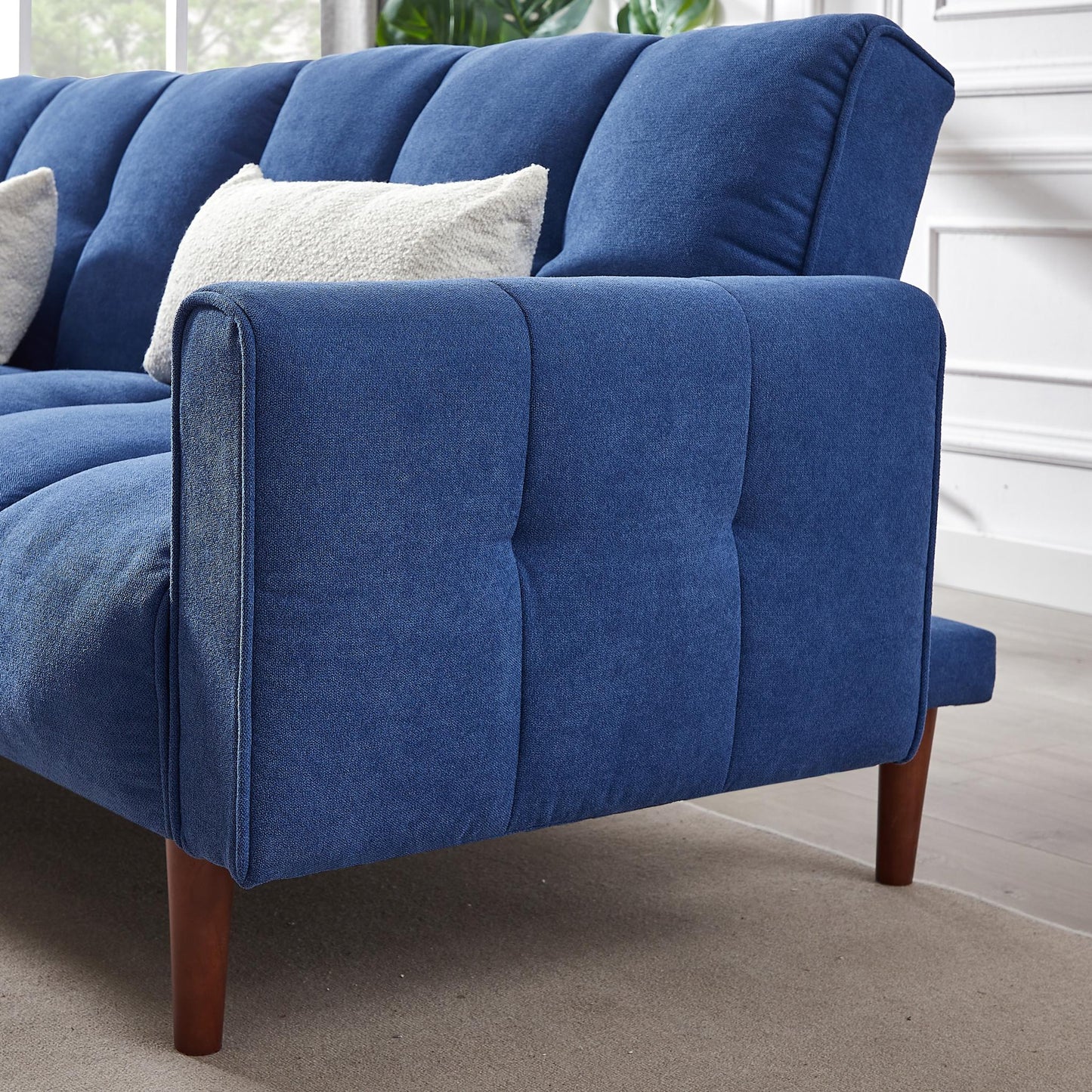 Modern fabric linen upholstered sofa bed with 3 levels of adjustable backrest, solid wood legs and 2 pillows for multiple environments.