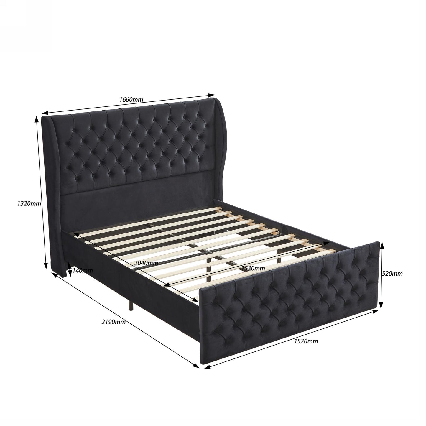 Upholstered wingback velvet fabric Chesterfield bed/button tufted headboard with vintage wings/wood slat support/easy to assemble。Queen-Size