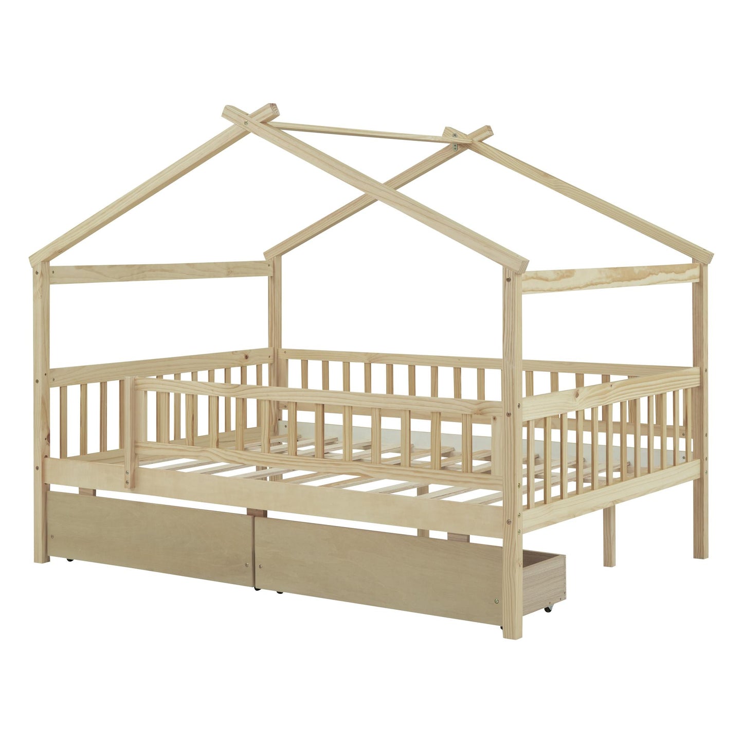 Full Size Wooden House Bed with Two Drawers