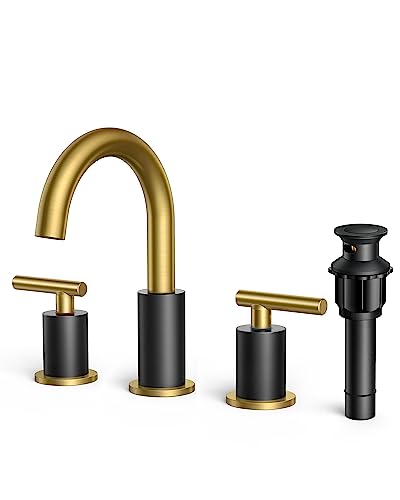 A|M Aquae Matte Black Bathroom Faucet 3 Hole, 8 Inch Widespread Bathroom Faucet Black with Metal Pop-up Drain Assembly, Two Handle Vanity Faucet with cUPC Supply Lines, 8" Black Bathroom Faucet