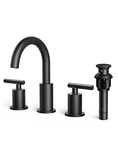 A|M Aquae Matte Black Bathroom Faucet 3 Hole, 8 Inch Widespread Bathroom Faucet Black with Metal Pop-up Drain Assembly, Two Handle Vanity Faucet with cUPC Supply Lines, 8" Black Bathroom Faucet