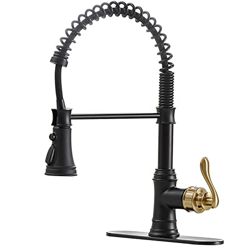 A|M Aquae Kitchen Sink Faucet with Deck Plate Matte Black with Pull Down Sprayer 3 Spray Modes Single Handle Singe Lever High Arc Kitchen Faucet Lead-Free Farmhouse Commercial Bar Kitchen Faucets