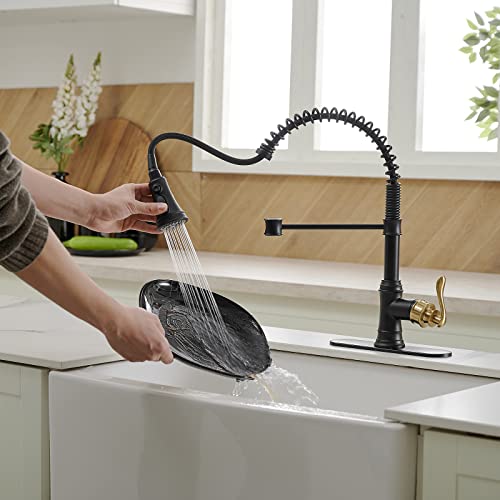 A|M Aquae Kitchen Sink Faucet with Deck Plate Matte Black with Pull Down Sprayer 3 Spray Modes Single Handle Singe Lever High Arc Kitchen Faucet Lead-Free Farmhouse Commercial Bar Kitchen Faucets