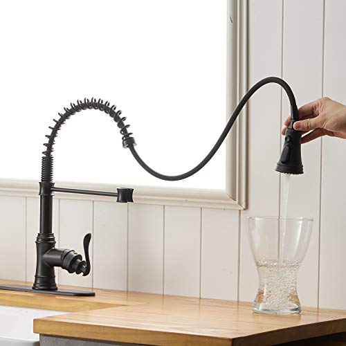 A|M Aquae Kitchen Sink Faucet with Deck Plate Matte Black with Pull Down Sprayer 3 Spray Modes Single Handle Singe Lever High Arc Kitchen Faucet Lead-Free Farmhouse Commercial Bar Kitchen Faucets