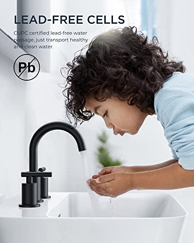 A|M Aquae Matte Black Bathroom Faucet 3 Hole, 8 Inch Widespread Bathroom Faucet Black with Metal Pop-up Drain Assembly, Two Handle Vanity Faucet with cUPC Supply Lines, 8" Black Bathroom Faucet