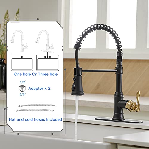 A|M Aquae Kitchen Sink Faucet with Deck Plate Matte Black with Pull Down Sprayer 3 Spray Modes Single Handle Singe Lever High Arc Kitchen Faucet Lead-Free Farmhouse Commercial Bar Kitchen Faucets