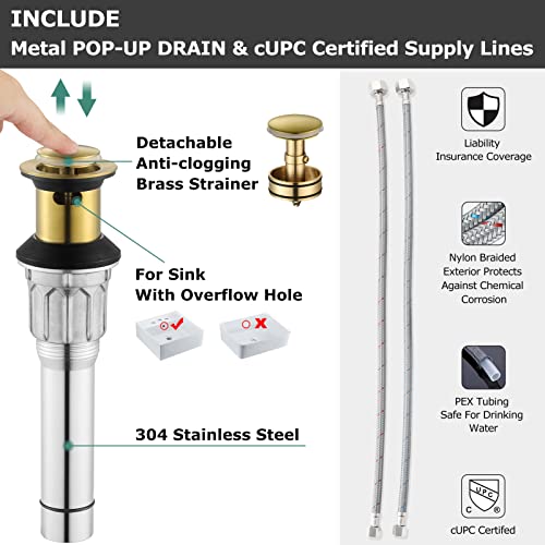 A|M Aquae 2 Handles Bathroom Faucet Brushed Nickel with Metal Pop-up Drain and Faucet Supply Lines, 1431602