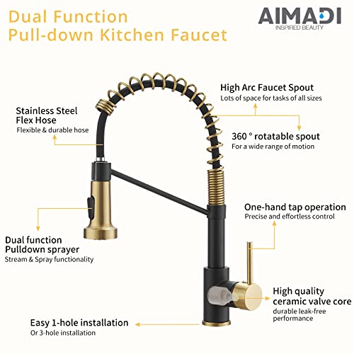 A|M Aquae Black Faucet Kitchen, Commercial Modern Single Handle Kitchen Faucet with Pull Down Sprayer