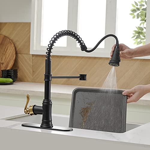 A|M Aquae Kitchen Sink Faucet with Deck Plate Matte Black with Pull Down Sprayer 3 Spray Modes Single Handle Singe Lever High Arc Kitchen Faucet Lead-Free Farmhouse Commercial Bar Kitchen Faucets
