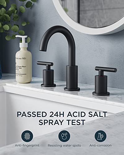 A|M Aquae Matte Black Bathroom Faucet 3 Hole, 8 Inch Widespread Bathroom Faucet Black with Metal Pop-up Drain Assembly, Two Handle Vanity Faucet with cUPC Supply Lines, 8" Black Bathroom Faucet