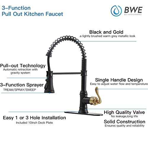 A|M Aquae Kitchen Sink Faucet with Deck Plate Matte Black with Pull Down Sprayer 3 Spray Modes Single Handle Singe Lever High Arc Kitchen Faucet Lead-Free Farmhouse Commercial Bar Kitchen Faucets