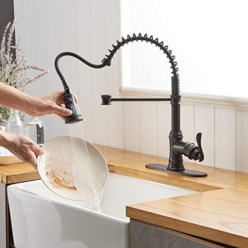 A|M Aquae Kitchen Sink Faucet with Deck Plate Matte Black with Pull Down Sprayer 3 Spray Modes Single Handle Singe Lever High Arc Kitchen Faucet Lead-Free Farmhouse Commercial Bar Kitchen Faucets