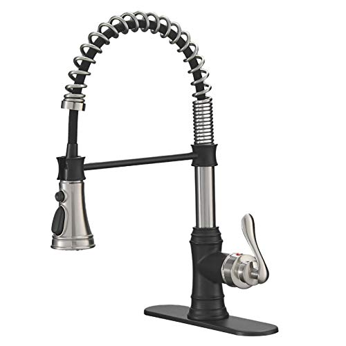 A|M Aquae Kitchen Sink Faucet with Deck Plate Matte Black with Pull Down Sprayer 3 Spray Modes Single Handle Singe Lever High Arc Kitchen Faucet Lead-Free Farmhouse Commercial Bar Kitchen Faucets