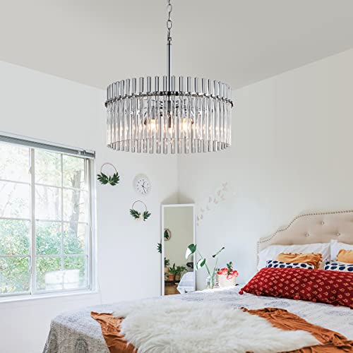Modern K9 Crystal Chandelier with 5 Lights, Contemporary Elegant Pendant Ceiling Lighting Fixture for Dining Room, Bedroom, Living Room, D19 x H19 with Adjustable Chain