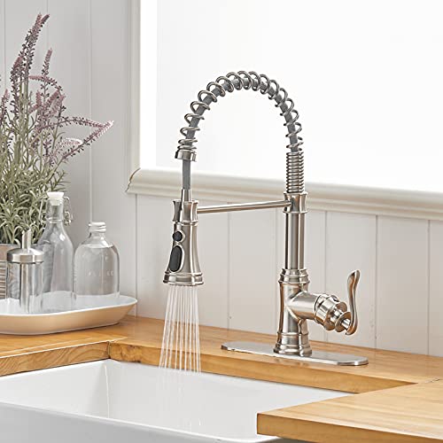 A|M Aquae Kitchen Sink Faucet with Deck Plate Matte Black with Pull Down Sprayer 3 Spray Modes Single Handle Singe Lever High Arc Kitchen Faucet Lead-Free Farmhouse Commercial Bar Kitchen Faucets