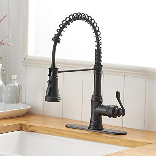 A|M Aquae Kitchen Sink Faucet with Deck Plate Matte Black with Pull Down Sprayer 3 Spray Modes Single Handle Singe Lever High Arc Kitchen Faucet Lead-Free Farmhouse Commercial Bar Kitchen Faucets
