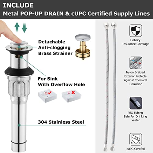A|M Aquae 2 Handles Bathroom Faucet Brushed Nickel with Metal Pop-up Drain and Faucet Supply Lines, 1431602