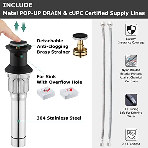 A|M Aquae 2 Handles Bathroom Faucet Brushed Nickel with Metal Pop-up Drain and Faucet Supply Lines, 1431602