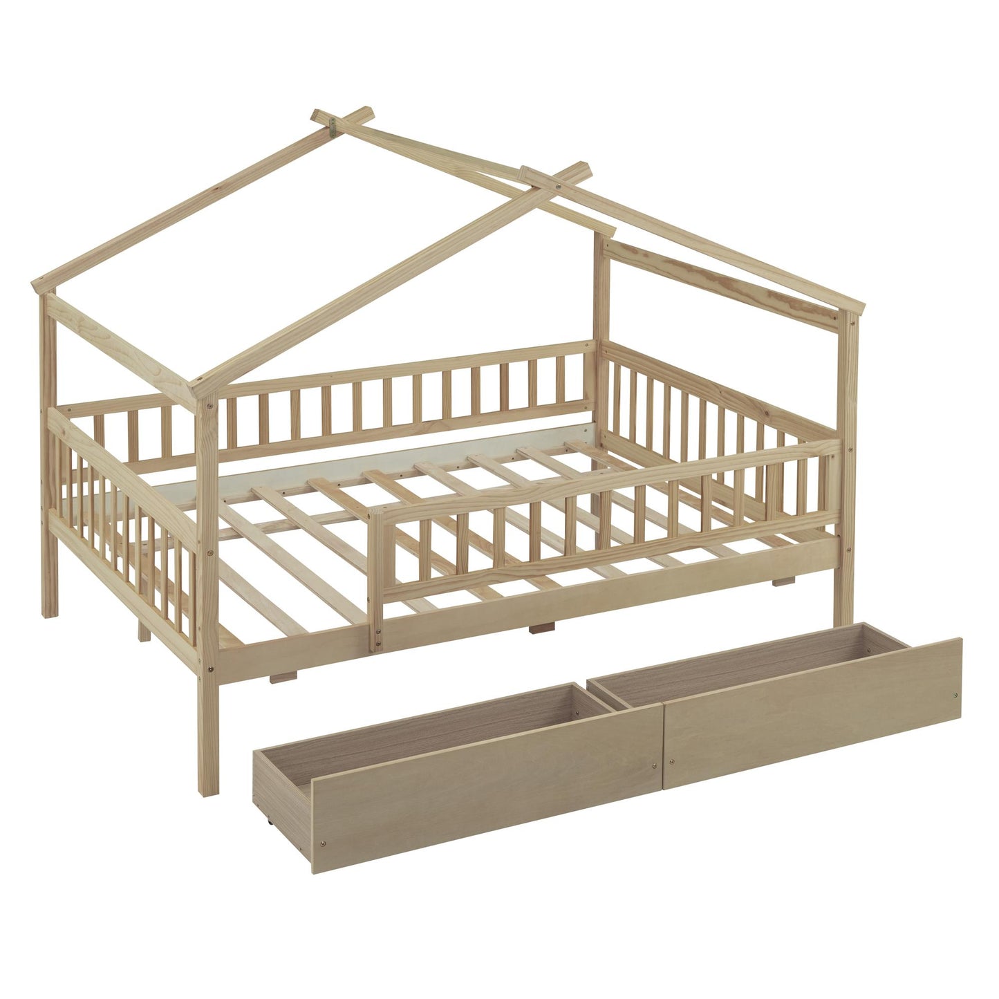 Full Size Wooden House Bed with Two Drawers