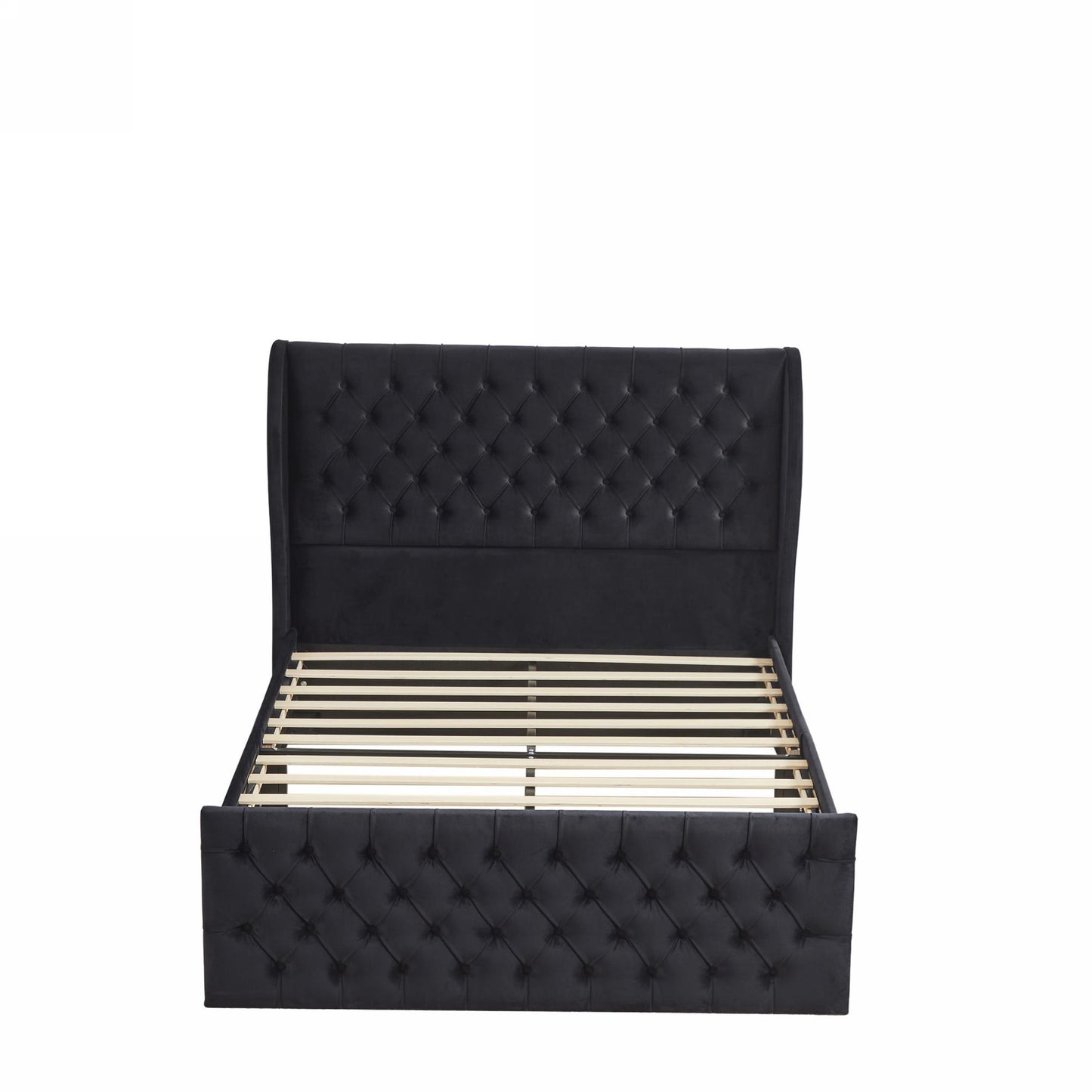 Upholstered wingback velvet fabric Chesterfield bed/button tufted headboard with vintage wings/wood slat support/easy to assemble。Queen-Size