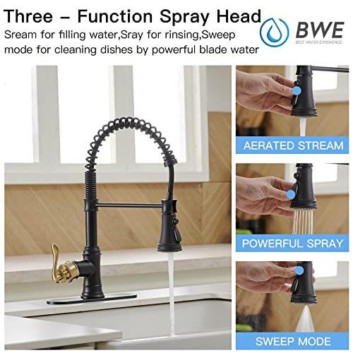 A|M Aquae Kitchen Sink Faucet with Deck Plate Matte Black with Pull Down Sprayer 3 Spray Modes Single Handle Singe Lever High Arc Kitchen Faucet Lead-Free Farmhouse Commercial Bar Kitchen Faucets