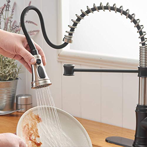 A|M Aquae Kitchen Sink Faucet with Deck Plate Matte Black with Pull Down Sprayer 3 Spray Modes Single Handle Singe Lever High Arc Kitchen Faucet Lead-Free Farmhouse Commercial Bar Kitchen Faucets