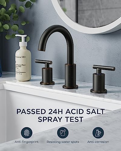 A|M Aquae Matte Black Bathroom Faucet 3 Hole, 8 Inch Widespread Bathroom Faucet Black with Metal Pop-up Drain Assembly, Two Handle Vanity Faucet with cUPC Supply Lines, 8" Black Bathroom Faucet